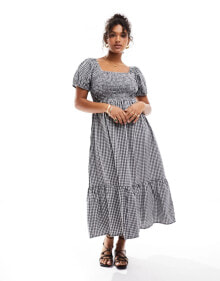 Купить белые женские платья-макси Esmee Curve: Esmee Plus beach puff sleeve ruched maxi dress in gingham