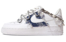 【定制球鞋】 Nike Air Force 1 Low 牛仔破坏 电镀银 珍珠 解构双鞋带 低帮 板鞋 女款 白蓝 / Кроссовки Nike Air Force DD8959-100