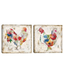 Fine Art Canvas flowered Hen & Rooster by Carol Robinson Set of Canvas Art Prints