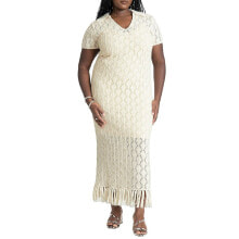 ELOQUII plus Size Crochet Maxi Dress With Collar & Fringe