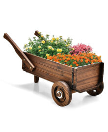 Slickblue wooden Wagon Planter Box with Wheels Handles and Drainage Hole-Rustic Brown