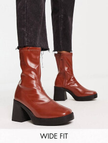Женская обувь rAID Wide Fit Rubina mid heel platform boots in tan