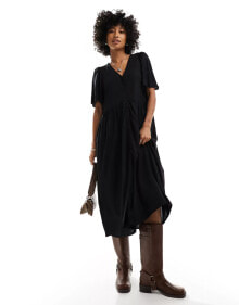 Monki short sleeve button through midi dress in black купить онлайн