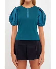 English Factory women's Mixed Media Puff Sleeve Henley Top