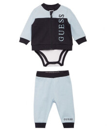 GUESS baby Boys Interlock Puff Paint Triangle Logo Bodysuit, Sweatshirt and Joggers, 3 Piece Set