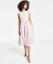 Calvin Klein women's Jewel-Neck Sleeveless Belted Tweed Midi Dress