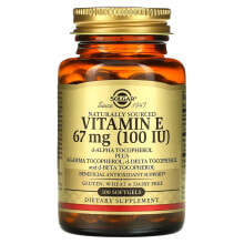 Витамин Е Солгар, Натуральный витамин Е, 67 мг (100 МЕ), 100 мягких таблеток
