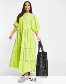 Купить женские платья-макси Topshop Tall: Topshop Tall broderie oversized chuck on maxi dress in chartreuse