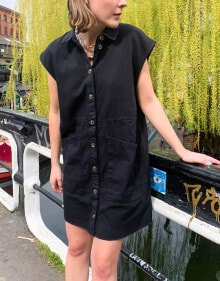 Noisy May sleeveless denim pocket detail mini shirt dress in black купить в аутлете