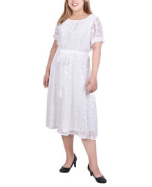 NY Collection plus Size Short Sleeve Belted Swiss Dot Dress