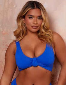 Купить женское нижнее белье и купальники Wolf & Whistle: Wolf & Whistle X Natalie Gessey Fuller Bust bikini top in colbalt blue with knot detail straps