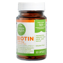 Витамины группы В simple Truth Biotin Биотин для укрепления кожи, волос и ногтей без глютена 5000 мкг 60 капсул