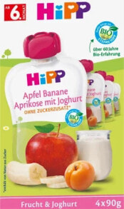 Купить детское пюре HiPP: Quetschie Apfel Banane Aprikose mit Joghurt, ab 6. Monat (4x90 g), 360 g