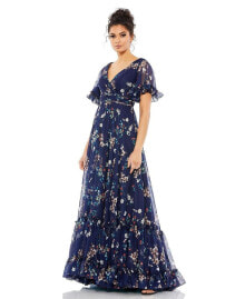 Mac Duggal women's Women's Ieena Flounce Sleeve Floral Maxi Dress