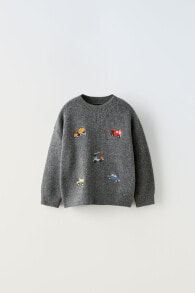 Knit sweater with embroidered cars