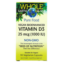 Витамин D natural Factors, Whole Earth & Sea, веганский биоактивный витамин D3, 25 мкг (1000 МЕ), 90 вегетарианских капсул