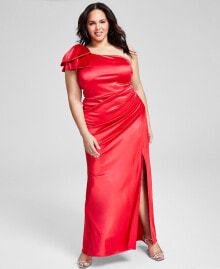 B Darlin trendy Plus Size One-Bow-Shoulder Ruched Satin Dress