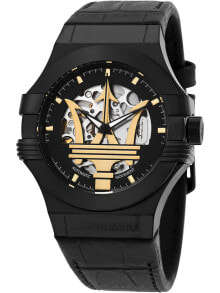 Мужские наручные часы с кожаным черным ремешком Maserati R8821108036 Potenza automatic 42mm 10ATM