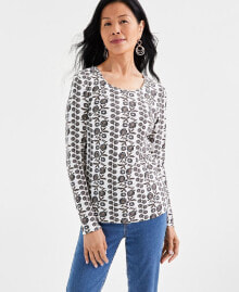 Petite Floral Vine Scoop-Neck Long-Sleeve T-Shirt, Created for Macy's купить онлайн