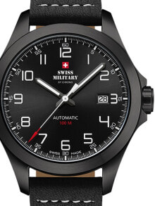 Мужские наручные часы с черным кожаным ремешком Swiss Military SMA34077.04 Automatic 42mm 10ATM
