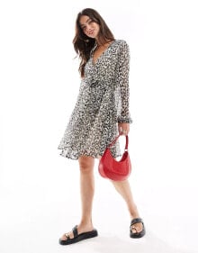 Vila chiffon wrap mini dress in mono leopard print купить в аутлете