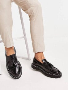 Купить мужские лоферы ASOS: ASOS DESIGN loafers in black leather with chunky sole and contrast stitch