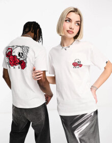 Vans – T-Shirt in Weiß mit Totenkopf-Rosenbett-Print auf dem Rücken