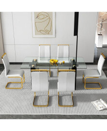 Simplie Fun table and chair set, large modern minimalist rectangular glass table, can accommodate 6-8 people, equipped with tempered glass tabletop and large MDF table legs, comfortable and minimalist chairs.