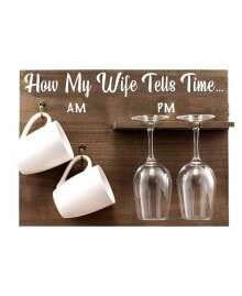 Bezrat how My Wife Tells Time Wall Mounted Wine Rack with Glasses and Coffee Mugs, Set of 5