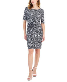 Connected petite Elbow-Sleeve Gathered Jersey Sheath Dress