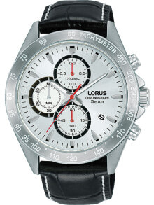 Мужские наручные часы с черным кожаным ремешком Lorus RM371GX9 chrono mens 43mm 5ATM