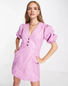 Купить женские платья Muubaa: Muubaa leather puff sleeve mini dress in bright pink