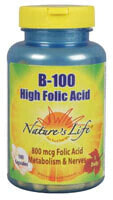 Витамины группы В Nature's Life B-100 High Folic Acid  Комплекс с высоким содержанием фолиевой кислоты 100 капсул