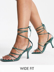 Женские босоножки aSOS DESIGN Wide Fit Hiccup strappy tie leg mid heeled sandals in green mix