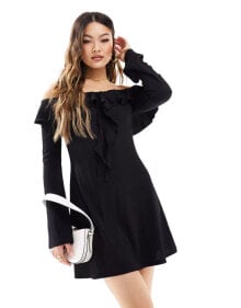 ASOS DESIGN ruffle textured bardot mini dress in black купить в аутлете