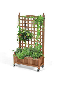 Slickblue 50 Inch Wood Planter Box with Trellis Mobile Raised Bed for Climbing Plant