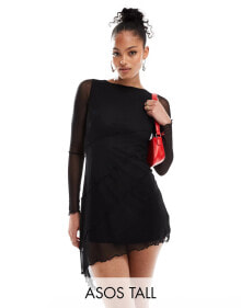 ASOS DESIGN Tall mesh asymmetric hem mini dress with diagonal seam detailing in black купить в аутлете