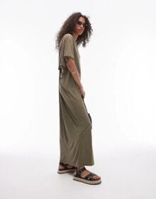 Topshop premium super soft twist back cupro t-shirt midi dress in khaki купить в аутлете