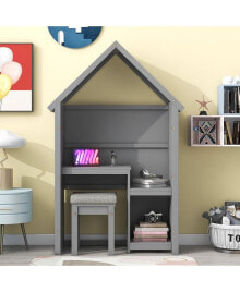 Simplie Fun house-Shaped Desk with a cushion stool, Gray