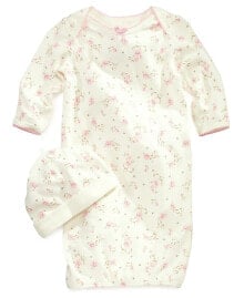 Baby Girls Vintage Rose-Print Gown & Beanie Set