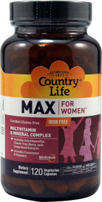 Витамины и БАДы для женщин Country Life Max for Women Iron Free Multivitamin Мультивитаминно-минеральный комплекс с экстрактами ашваганды, ягоды хазетри и виноградных косточек для женского здоровья 120 вегетарианских капсул