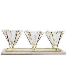 3 Sectional Glass Relish Dish with Brass and Marble Base