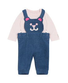 GUESS baby Girls Stretch Jersey Bodysuit and Knit Denim Bear Overall, 2 Piece Set