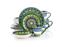 Elama Zen Green Mozaik 16 Piece Luxurious Stoneware Dinnerware with Complete Set