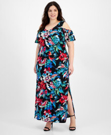 Connected plus Size Floral-Print Cold-Shoulder Maxi Dress