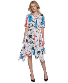 KARL LAGERFELD PARIS women's Printed Bungee-Sleeve Shirt Dress