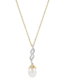 Купить ювелирные кулоны и подвески Honora: Honora cultured Freshwater Pearl (8mm) & Diamond (1/6 ct. t.w.) Twist 18" Pendant Necklace in 10k Gold