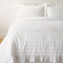 Full/Queen Yarn Dye Stripe with Ruffle Comforter & Sham Set White/Khaki -