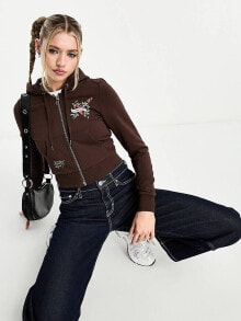 Купить женские толстовки и свитшоты Ed Hardy: Ed Hardy chocolate crop zip through hoodie co-ord