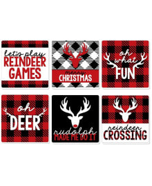 Big Dot of Happiness prancing Plaid - Funny Reindeer Christmas Party Decor Drink Coasters - Set of 6